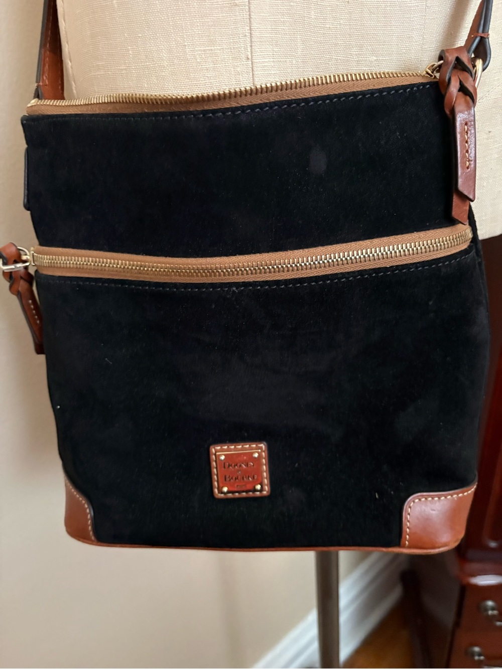 Dooney & Bourke Black Suede Messenger with Brown Leather Trim